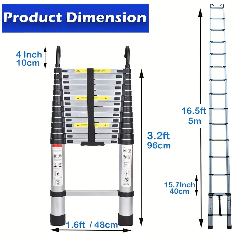 165Ft Telescoping Ladder With 2 Detachable Hooks Aluminum Multi Purpose Extend Folding Step Ladders Extension Ladder Extendable Loft Ladder Safe And Compact Extension And Retraction Design 15 Step 330Lbs Capacity