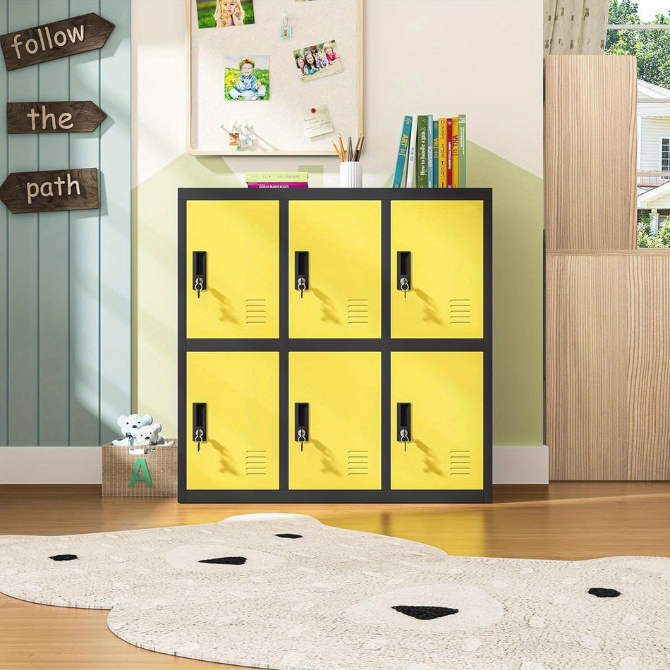 6 Door Storage Locker For Employee Metal Locker For Office Gym School Lockable Black Steel Locker With Lock And Card Slot For Home Garage Yellow Color