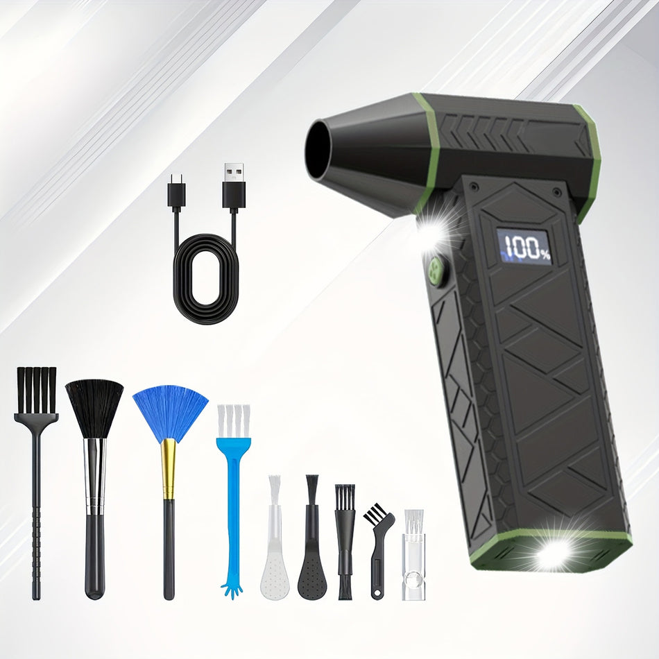 Versatile 4 Speed Cordless Turbo Fan Air Duster   Usb Rechargeable Powerful 100W Electric Compressed Jet Blower With Digital Display Includes Multiple Nozzles For Keyboards Cars Home Outdoor Use Turbo Jet Blower Green Color