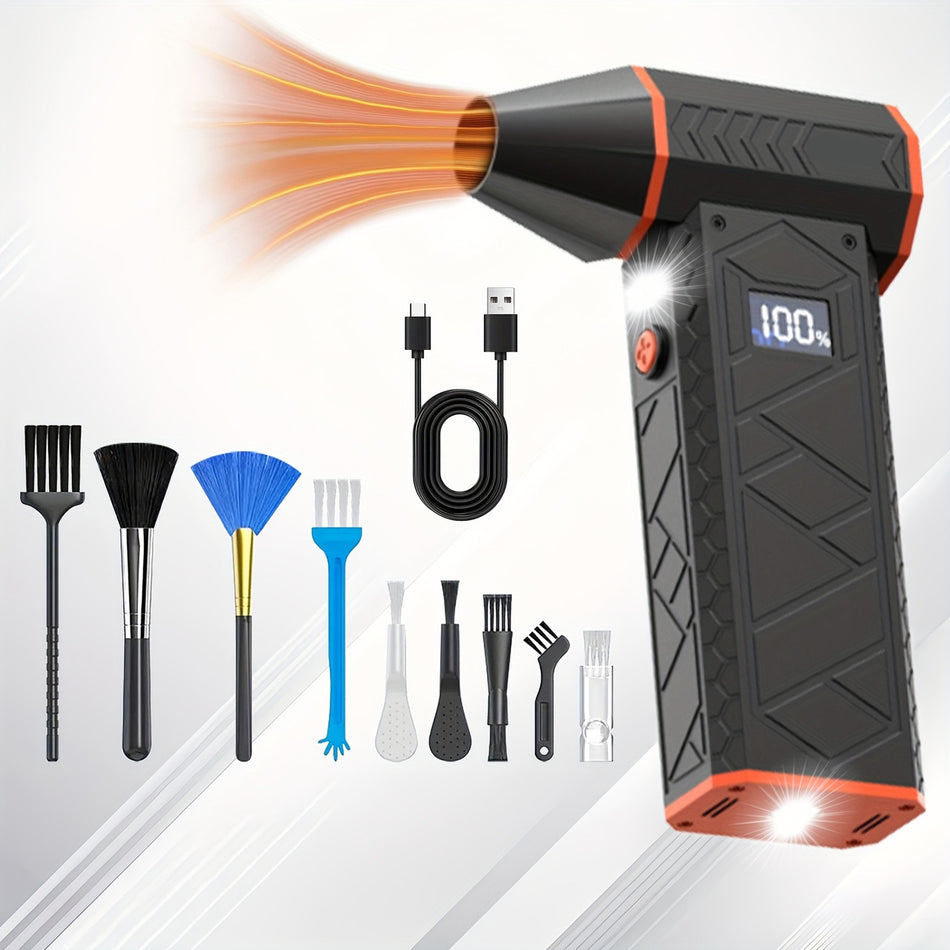 Versatile 4 Speed Cordless Turbo Fan Air Duster   Usb Rechargeable Powerful 100W Electric Compressed Jet Blower With Digital Display Includes Multiple Nozzles For Keyboards Cars Home Outdoor Use Turbo Jet Blower Orange Color