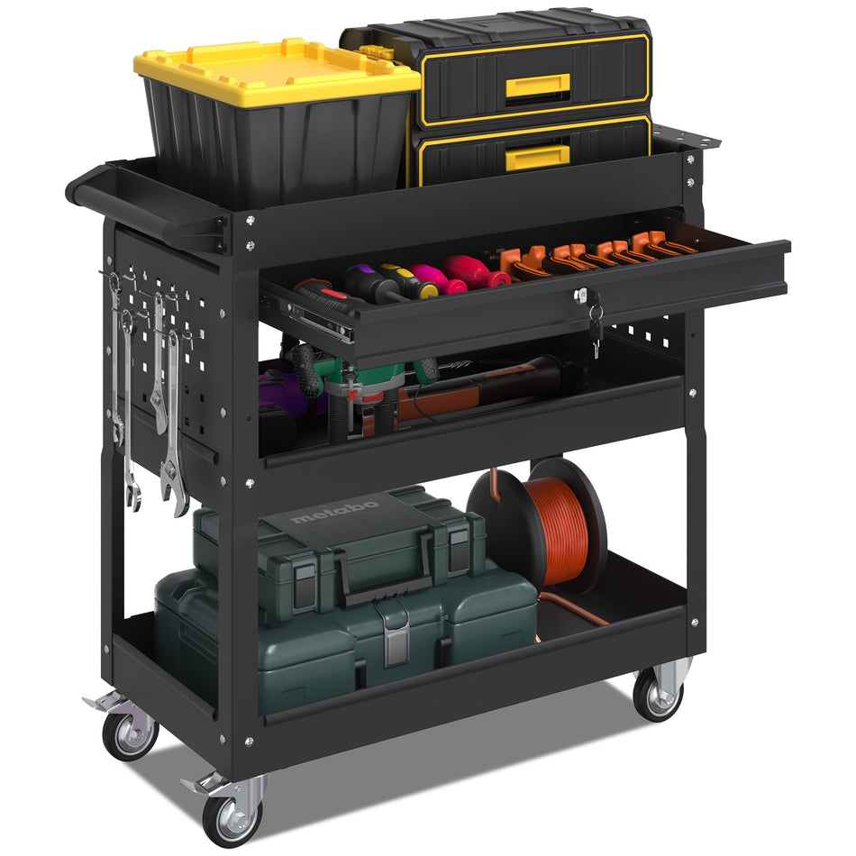 3 Tier Tool Cart On Wheels With Lockable Drawer 450 Lbs Capacity Heavy Duty Utility Cart Rolling Tool Cart Industrial Commercial Service Tool Cart For Mechanics Warehouse Repair Shop Black Color