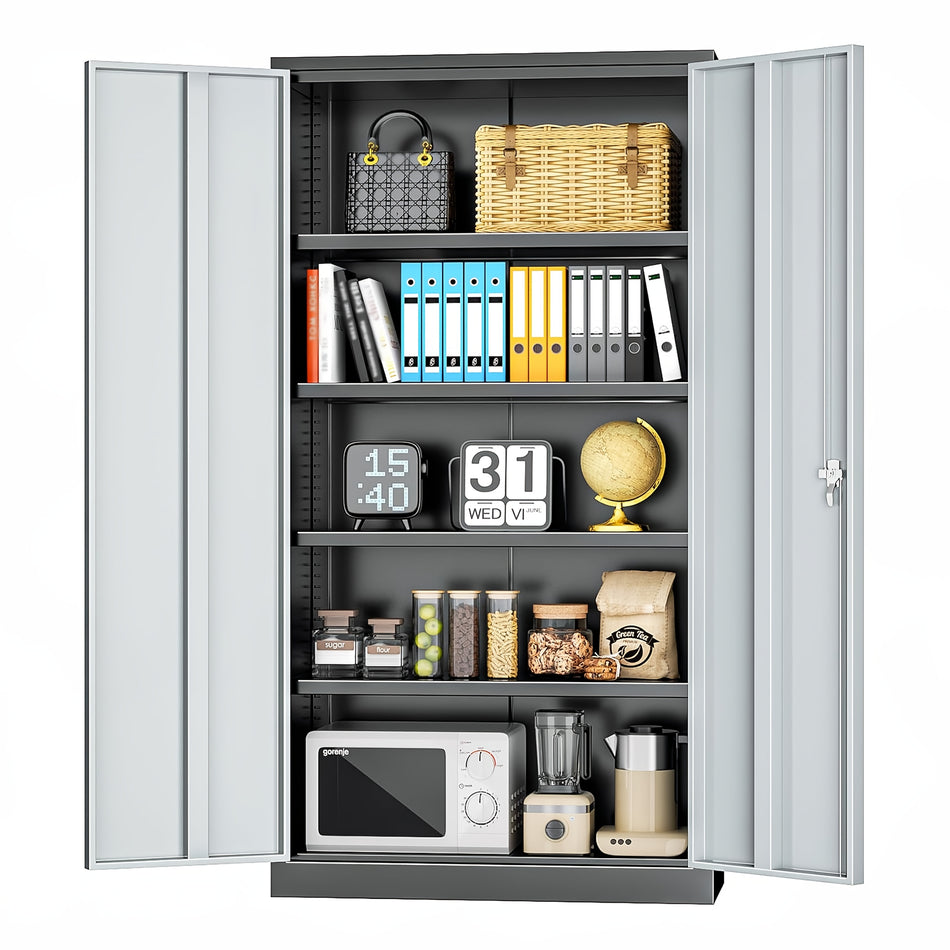71 Tall Heavy Duty Metal Storage Cabinet   Locking Doors 4 Adjustable Shelves Ideal For Home Office Garage Organization Black Gray