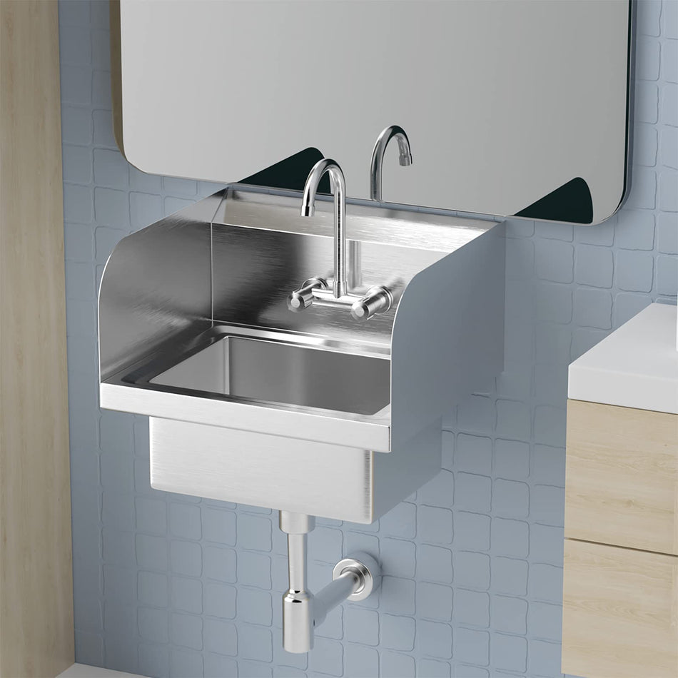 Stainless Steel Commercial Sink Hand Washing Basin With Hot Cold Faucet Wall Mount Utility Sink With Drainer Heavy Duty Hand Wash Sink For Commercial Restaurant Home Kitchen Workshop With Side Guard