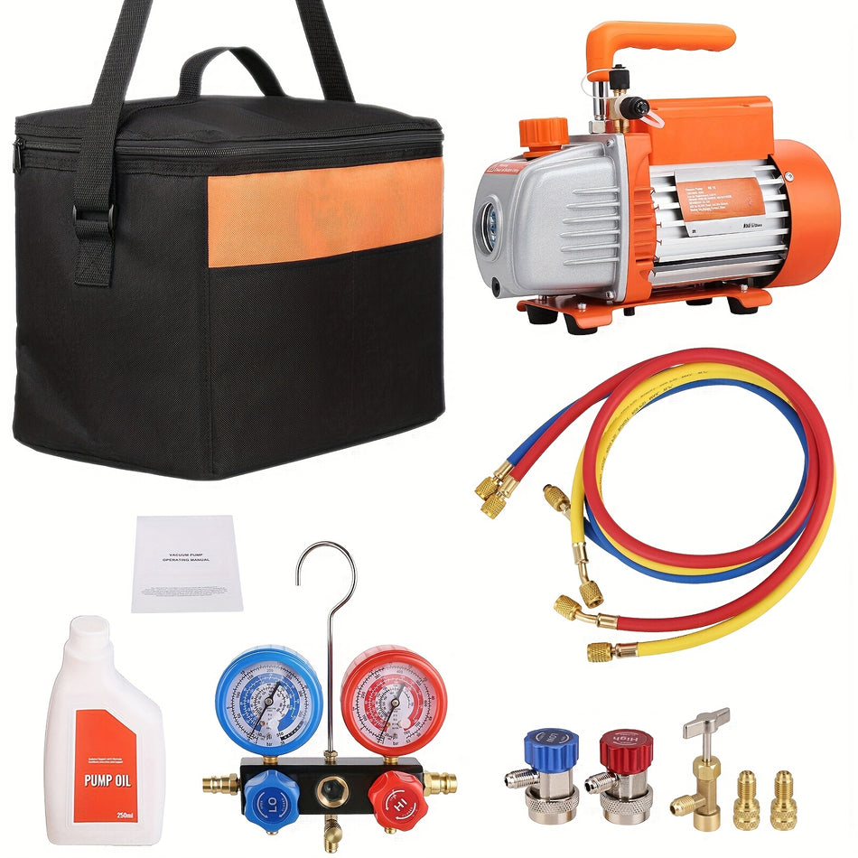 15 Hp 35 Cfm Ac Vacuum Pump Gauge Set Single Stage Rotary Vane Hvac Kit R134Ar410A Three Color Hose Manifold Gauge Without Battery