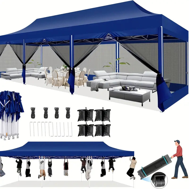 10X30 Pop Up Canopy Tent With Sidewalls Heavy Duty Easy Up Outdoor Gazebo Canopy With Mosquito Net Screen Tents For Parties Commercial Party Tent For Backyard With Roller Bag Sun Shelter For Beach And Outdoor Camping Deep Blue Color