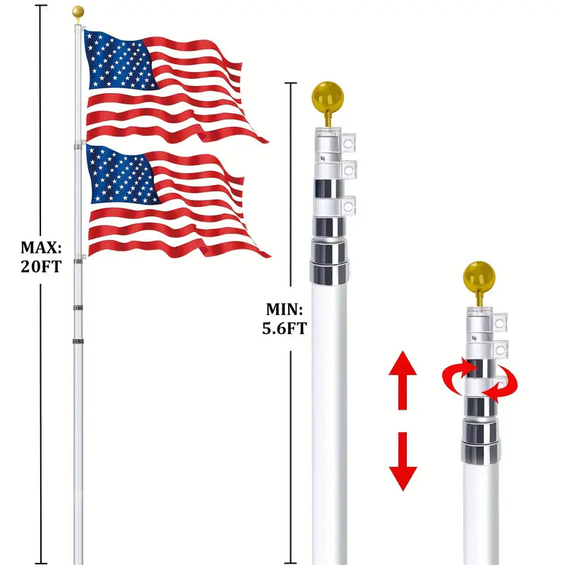 20Ft Telescopic Flag Pole Kit For Outdoor In Ground Extra Thick Black Telescoping Flagpole With 3X5Ft Us Flag Golden Ball Finial For Residential Or Commercial With Dual Flag Fly Silvery Color