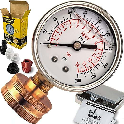 Water Pressure Glycerin Filled Gauge Kit All Purpose 6 Parts Kit 0 To 200 Psi Standard 34 Female Garden Hose Thread Plus 5 Adapters To Test In Multiple Locations Indoors And Outdoors