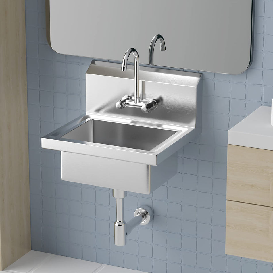 Stainless Steel Commercial Sink Hand Washing Basin With Hot Cold Faucet Wall Mount Utility Sink With Drainer Heavy Duty Hand Wash Sink For Commercial Restaurant Home Kitchen Workshop No Side Guard