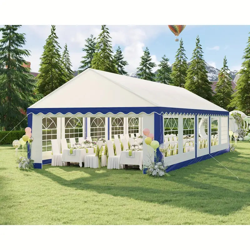 White And Blue Striped Large Party Tent Outdoor Event Shelter With Sidewall Windows 2 Side Doors For Garden Patio 16 X 32 Ft Ft