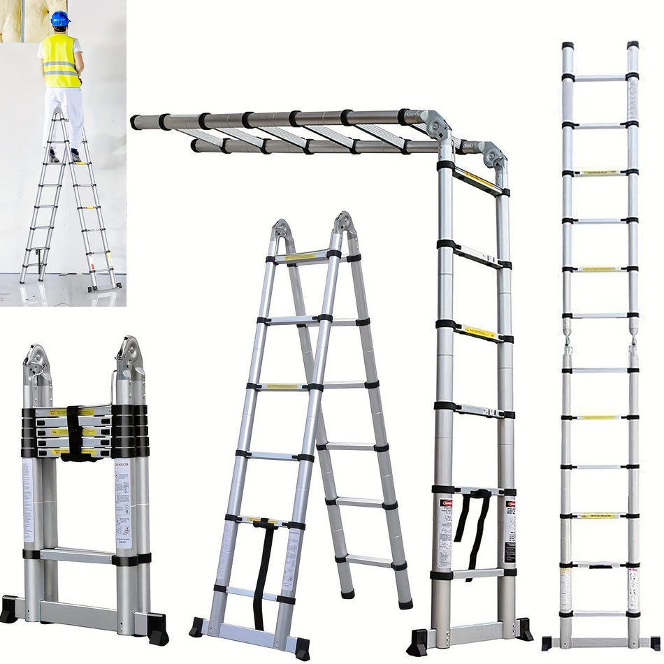 125Ft38M 1919M Aluminium Telescopic Step Ladder A Framestraight Telescoping For Multi Purpose With Stabilizer Bar Anti Slip Feet Portable For Home Household Diy Builder Supply Garden Roof Work Office