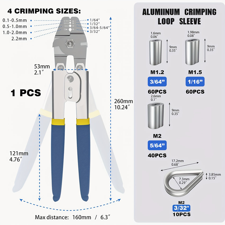 304 Stainless Steel Wire Rope Crimping Kit 116 Cable With 7X7 Strand Core Includes 200 Aluminum Crimping Loops And 50 M2 Stainless Steel Thimbles Corrosion Resistant High Strength No Battery Required Crimper With 160Pcs Sleeve Set