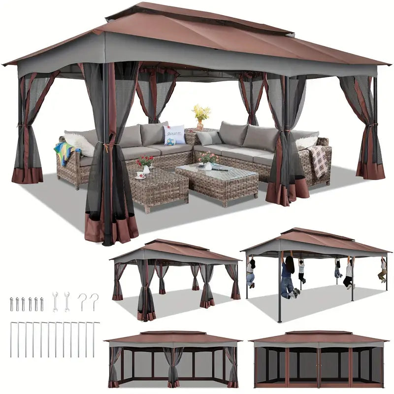 12X20Ft Outdoor Gazebo Patio Double Tier Roof Gazebo Tent   Metal Steel Frame   For Lawn Backyard Patio And Deck   Suitable For Parties Weddings Outdoor Events   Perfect Gift For Garden Lovers Brown Color