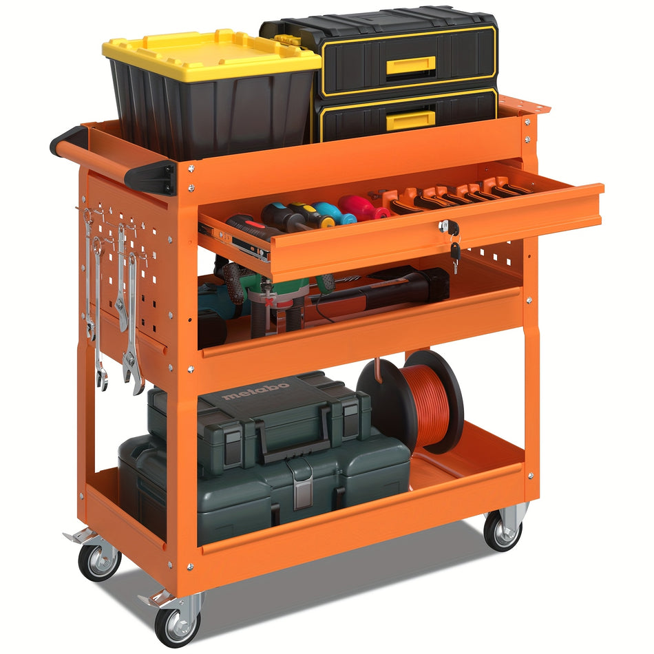 3 Tier Tool Cart On Wheels With Lockable Drawer 450 Lbs Capacity Heavy Duty Utility Cart Rolling Tool Cart Industrial Commercial Service Tool Cart For Mechanics Warehouse Repair Shop Orange Color