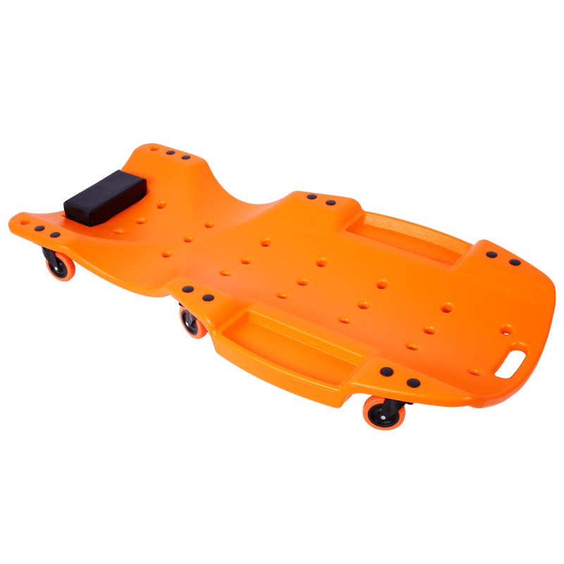 48 Inch Orange Ergonomic Creeper   Blow Molded Hdpe Body With Padded Headrest Dual Tool Trays   440 Lbs Capacity