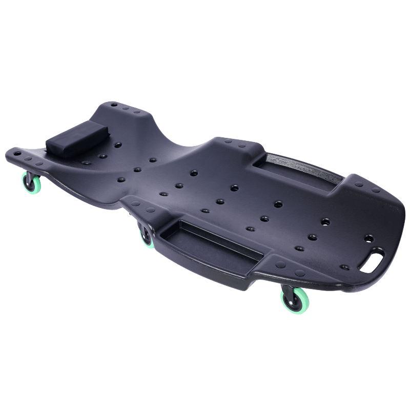 48 Inch Black Hdp Ergonomic Creeper   Blow Molded Hdpe Body With Padded Headrest Dual Tool Trays   440 Lbs Capacity