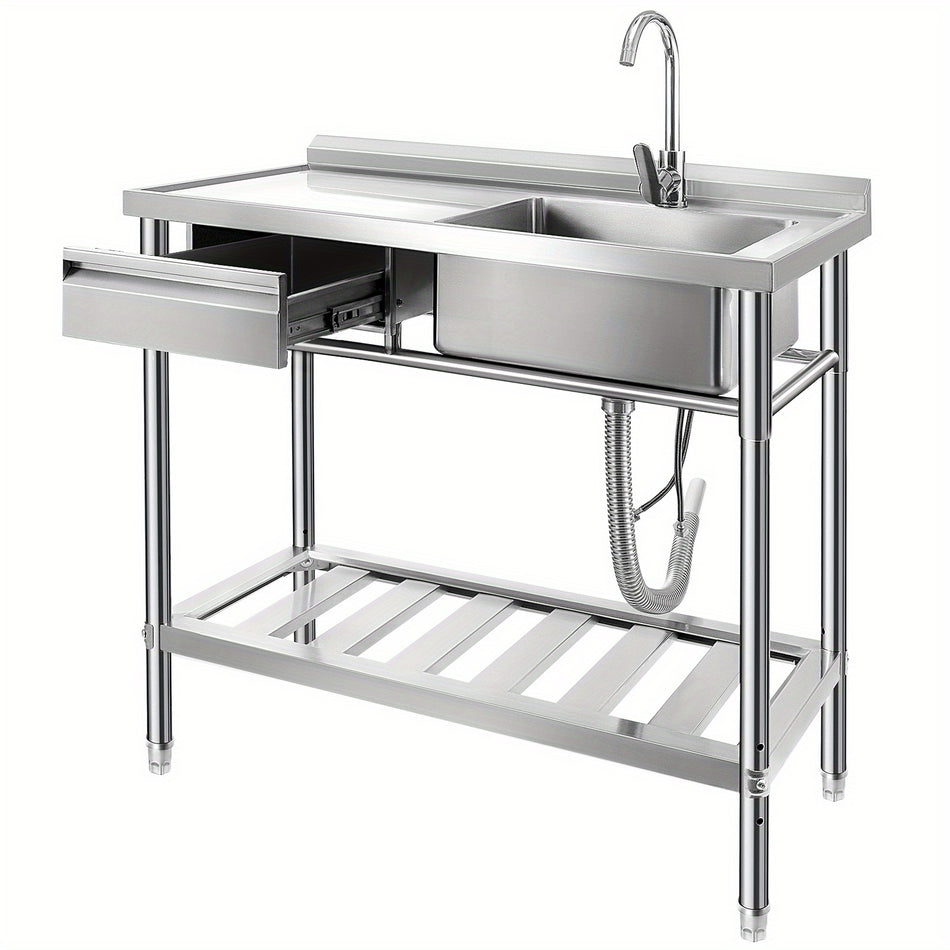 Versatile Stainless Steel Utility Sink   Freestanding Single Bowl With Faucet Hot Cold Water Pipes For Kitchen Laundry Room Farmhouse   Indooroutdoor Use 47 Sink With Left Drainboard