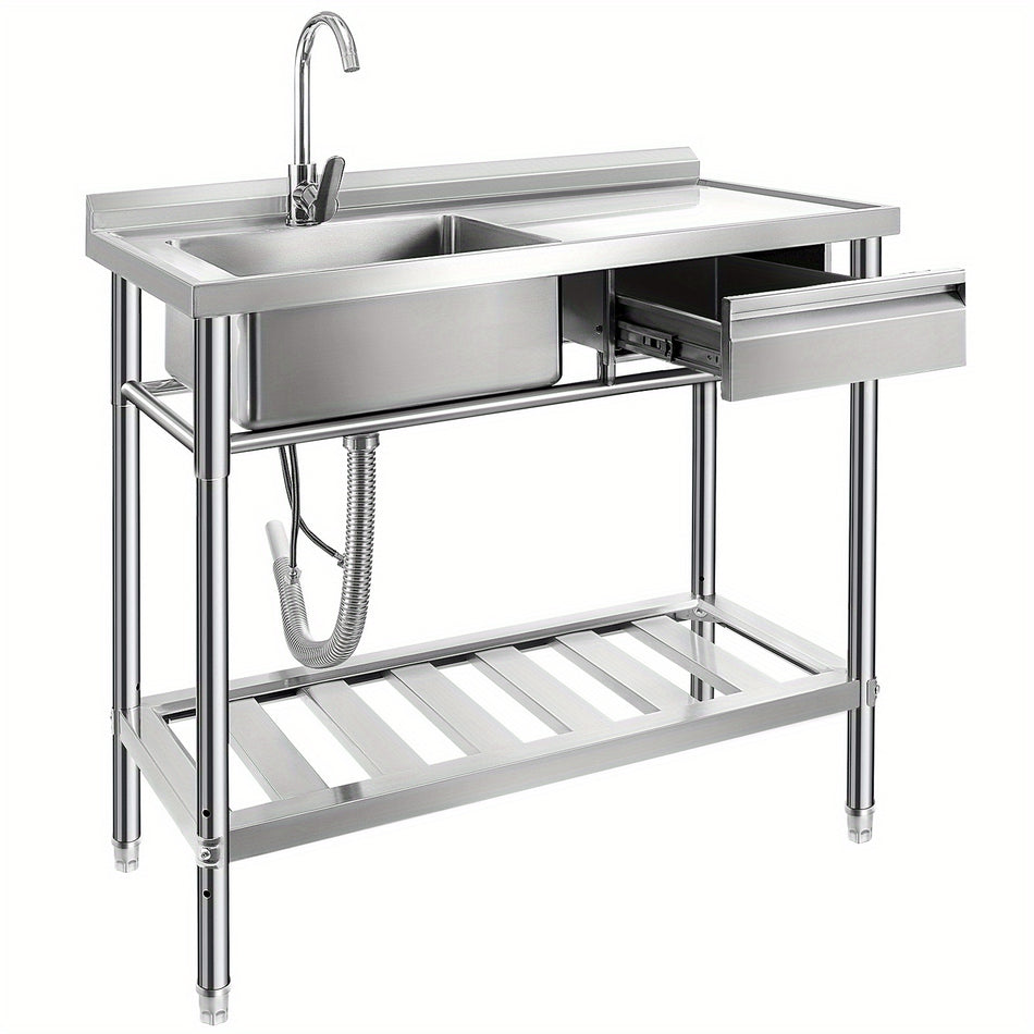 Versatile Stainless Steel Utility Sink   Freestanding Single Bowl With Faucet Hot Cold Water Pipes For Kitchen Laundry Room Farmhouse   Indooroutdoor Use 47 Sink With Right Drainboard