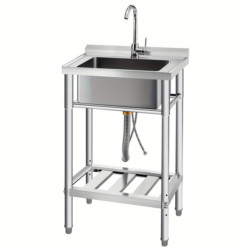 Versatile Stainless Steel Utility Sink   Freestanding Single Bowl With Faucet Hot Cold Water Pipes For Kitchen Laundry Room Farmhouse   Indooroutdoor Use 22 Stainless Steel Sink