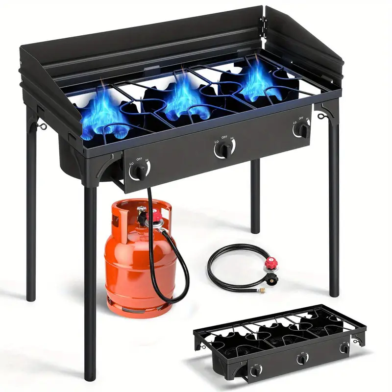 3 Burner With Wind Panel Propane Gas Stove For Outdoor Cooking 225 000 Btu Camping Cooker With Removable Legs Adjustable Psi Regulator For Backyard Cooking Bbq Baking Frying