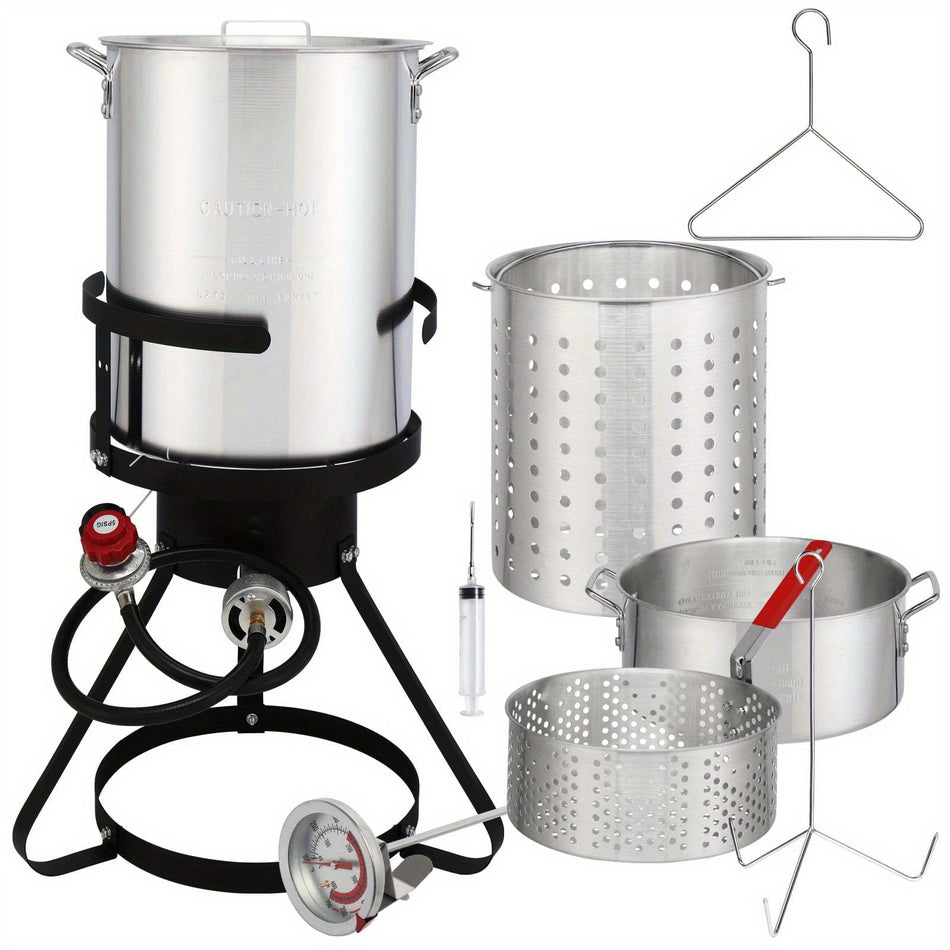3 Piece Set Gas Turkey Fryer Kit   Black Round Steel Burner Stand With Silver Aluminum Pot