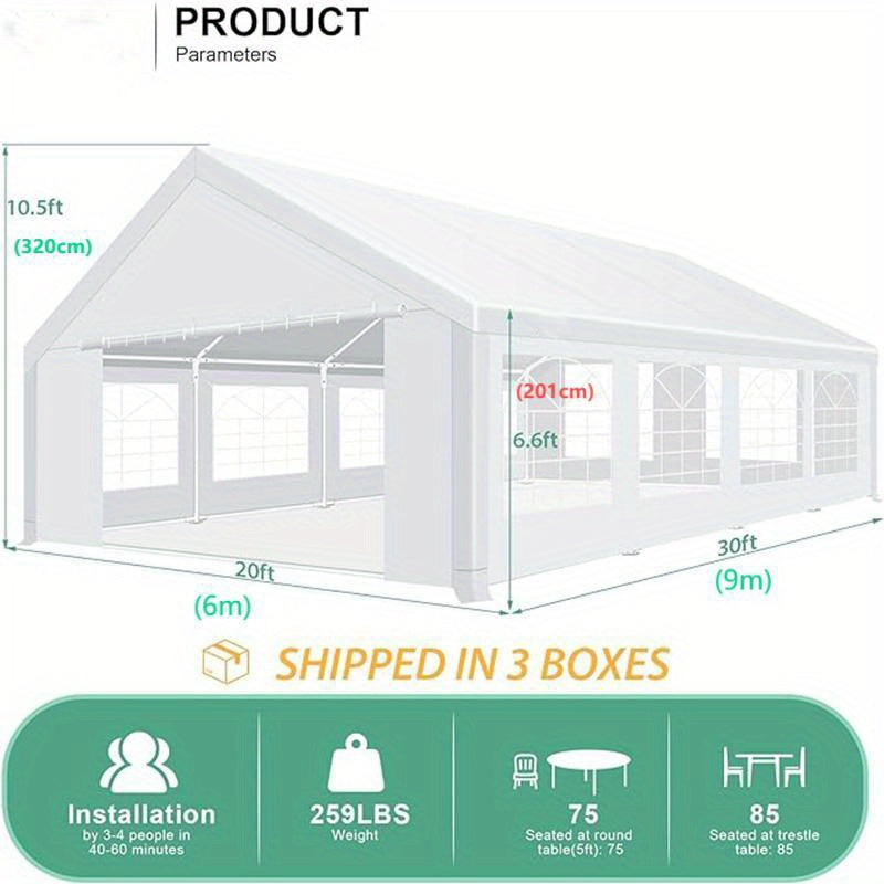 20X30Ft Large White Wedding Party Tent Temporary Emergency Shelter Heavy Duty Carport Festival Tent With 6 Removable Sidewalls And Church Style Clear Windows Sturdy And Durable Includes 4 Sandbags Waterproof And Uv Resistant