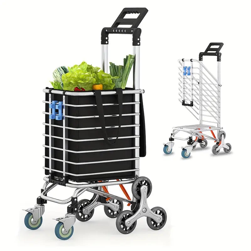 1Pc Durable Metal Folding Shopping Cart With Brake Wheels Lightweight Utility Trolley Collapsible Grocery Cart For Laundry Condo Camping And Transport Black Color