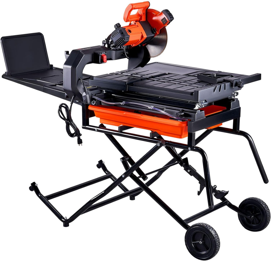 Wet Tile Saw With Stand   10 Inch 65Mn Steel Blade 4500 Rpm Motor Water Reservoir Caster Wheels 0 45 Degrees Miter Angle For Cutting Tiles Stones