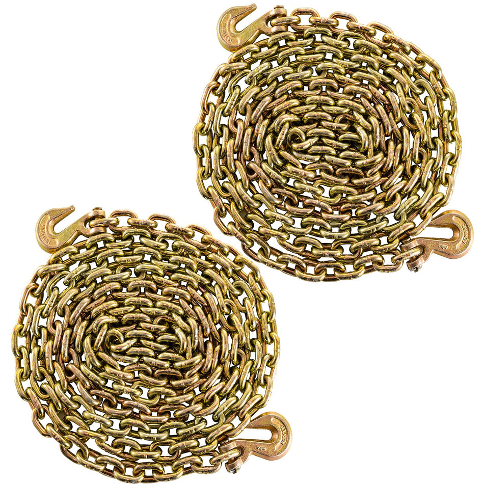 2 Pack G70 Towing Chain 38Inchx20Ft 10Mmx6M Heavy Duty Chain With Safety Grab Hooks Logging Chain Safe Working Load For Transporting Towing Tie Down Binding Equipment