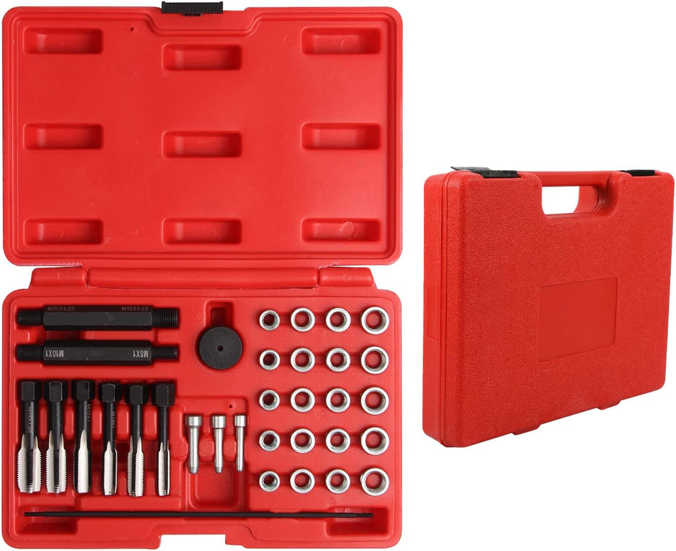 33Pcs Glow Plug Thread Repair Kit Thread Repair Tool Cylinder Head Metric Thread Restorer Kit Tap Insert Driver Guide Pin Thread Insert Tool Set Rethreading Kit Tool For 8Mm10Mm12Mm Glow Plugs