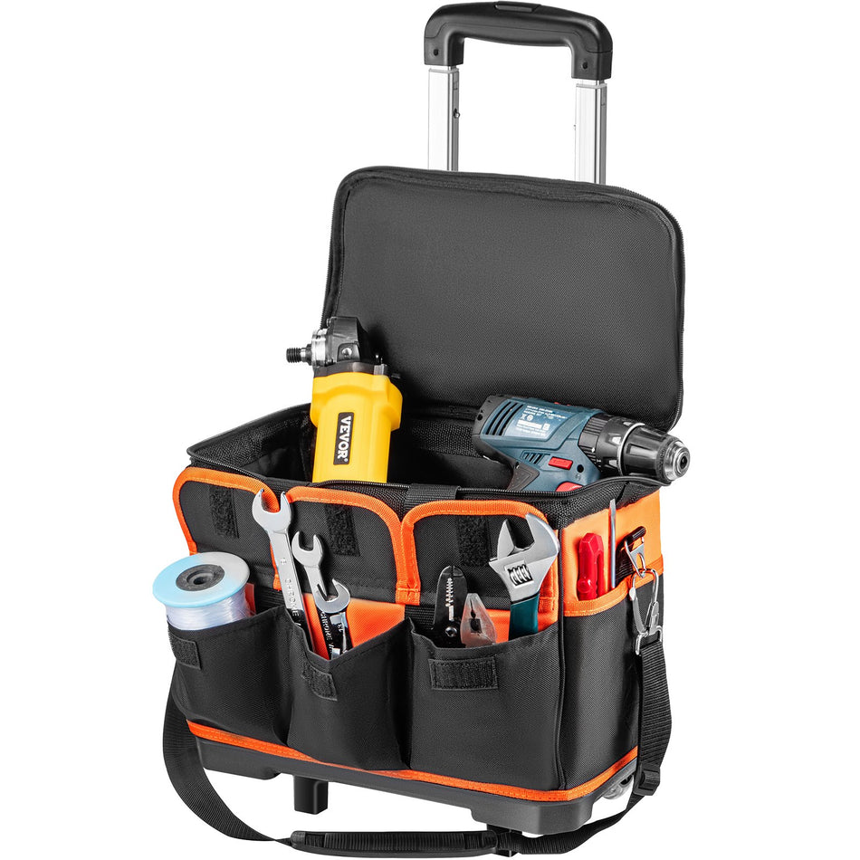 Rolling Tool Bag 14In Tool Bag With Wheels 17 Pockets Roller Tool Bag 110Lb Load Capacity Rolling Tool Bag Wwheels Roller Tool Box Wtwo 256In Wheels Rolling Tote Wtelescoping Handle