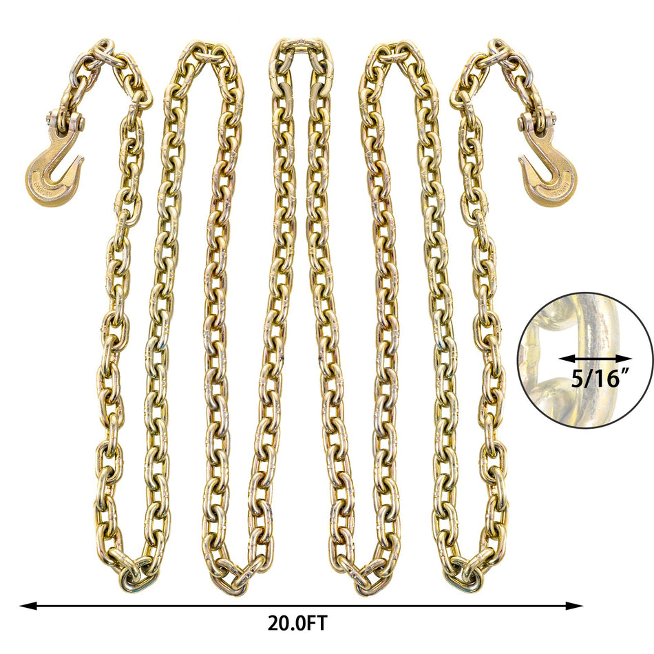 Tow Chain 8Mmx63M Grade 70 Chain 4700Lbs Capacity Logging Chain With Safety Grab Hooks Zinc Plated Heavy Duty Chain For Logging Binder Tie Down Transport Flatbed Truck Trailer Safety
