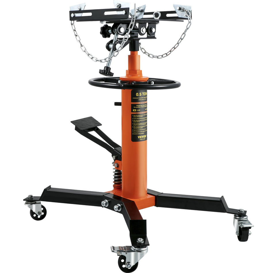 Transmission Jack12Ton1100Lbs Capacity Hydraulic Telescopic Transmission Jack 2 Stage Floor Jack Stand With Foot Pedal 360 Swivel Wheel Garage Shop Lift Hoist Orange