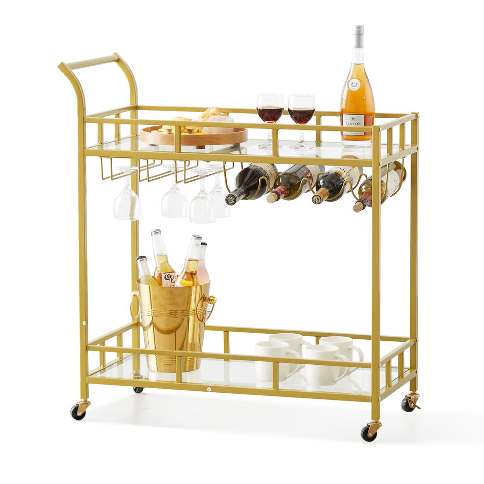 2 Tiers Gold Metal Bar Serving Cart With Wine Rack Glass Holder 120 Lbs