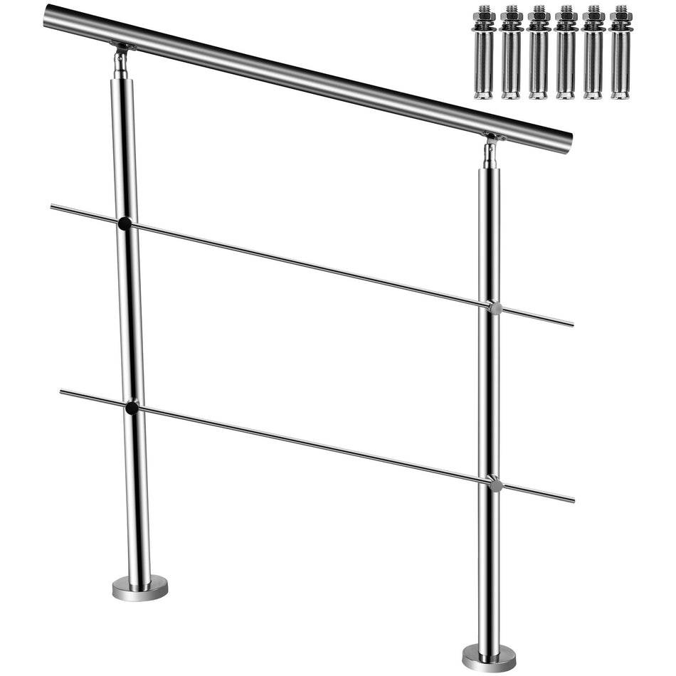 Stainless Stair Handrail With 2 Cross Bars Hand Rails For Steps 394 Long 201 Stainless Steel Handrail Floor Mount Garden Handrail Easy Installation Hand Rail Outdoor For Indoor Railing