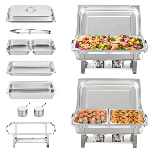 2 Pack Rectangle Chafing Dish Set 2 Full Size 8Qt Pan 4 Half Size 4Qt Pans