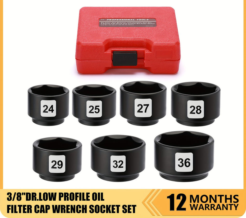 7Pcs 38 Drive Low Profile Fuel Filter Cap Removal Tool And Installer 7Pcs Low Profile Oil Canister Socket Set Chrome Vanadium Steel 6 Point Metric 24Mm 27Mm 29Mm 30Mm 32Mm 36Mm 38Mm Oil Filter Cap Wrench Socket Set