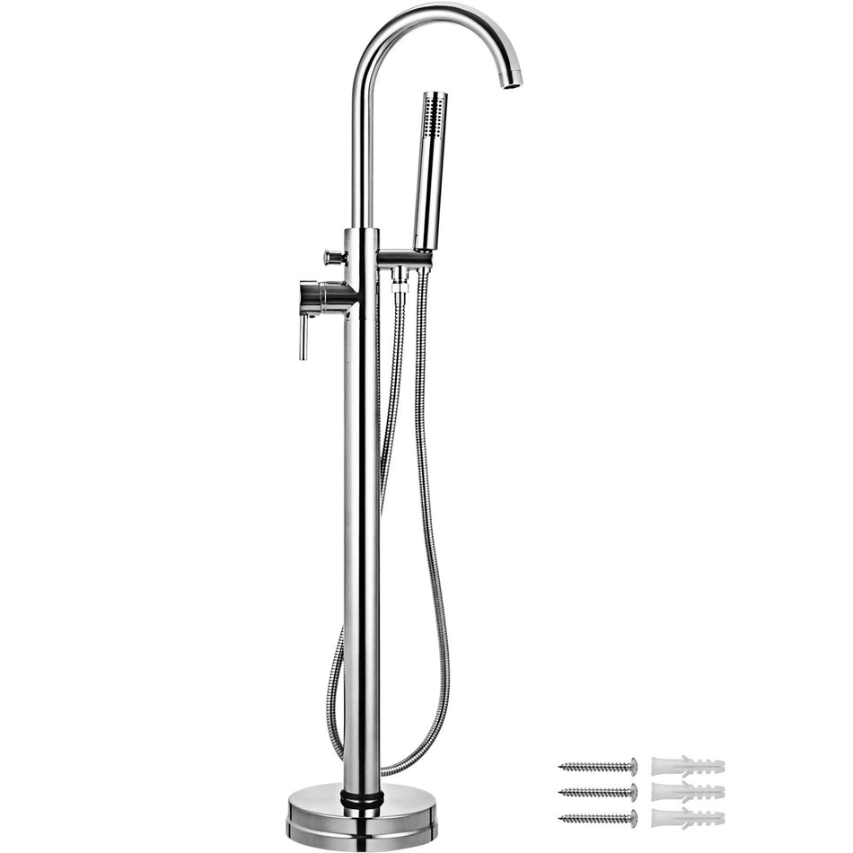 Vevor Freestanding Tub Filler Bathtub Shower Mixer Taps Brass Chrome Plated Floor Mount Single Handle Bathroom Tub Faucets With Hand Sprayer