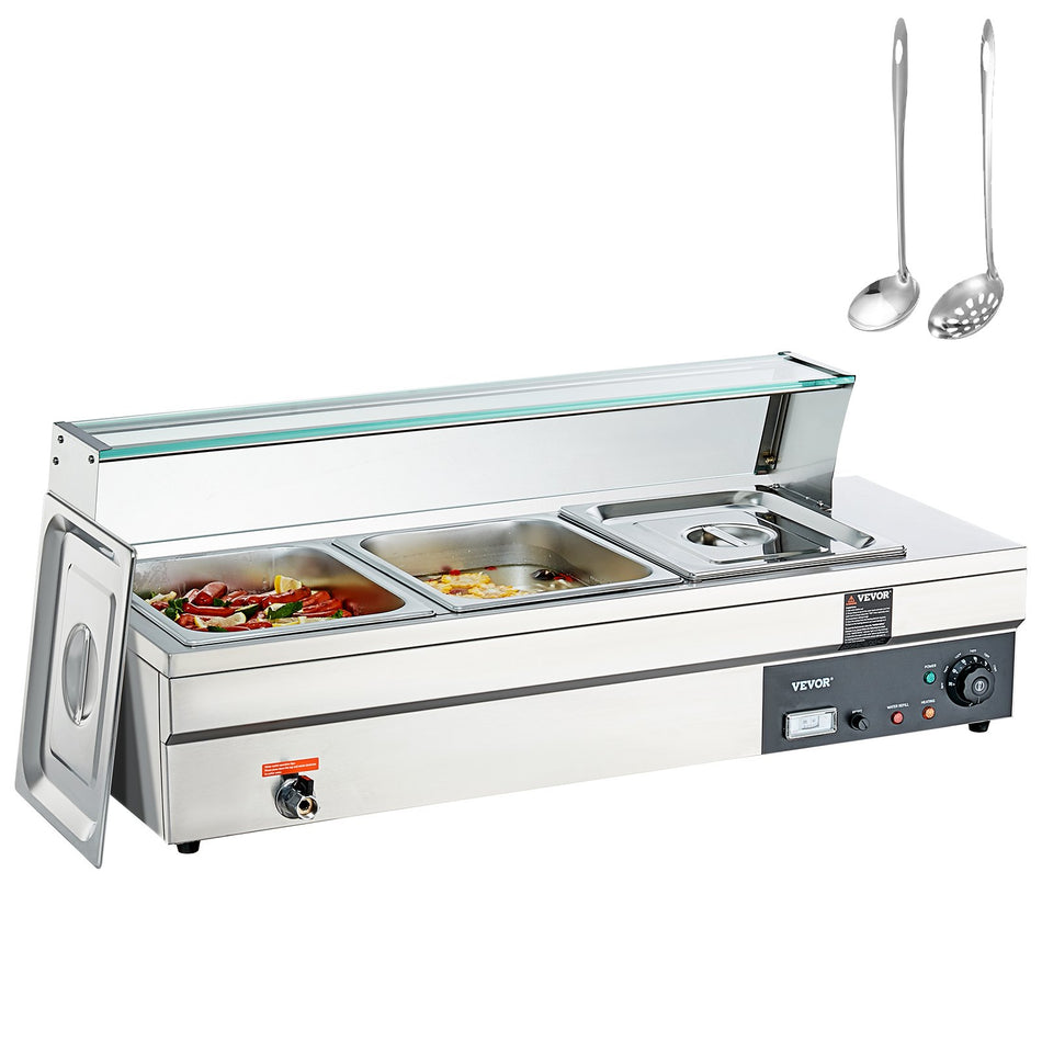 3 Pan Commercial Food Warmer 3 X 12Qt Electric Steam Table With Tempered Glass Cover 1500W Countertop Stainless Steel Buffet Bain Marie 86 185F Temp Control For Catering Restaurants Silver