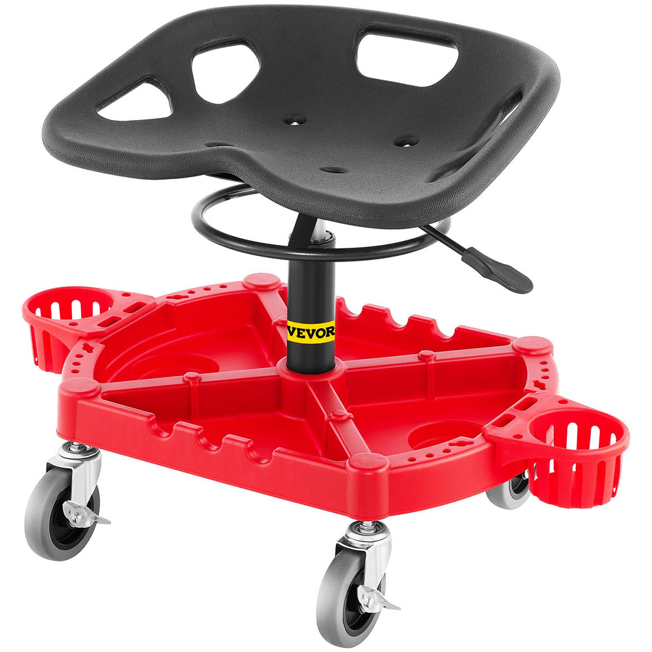 Rolling Garage Stool 300Lbs Capacity Adjustable Height From 18 In To 23 In 360 Degree Swivel Wheels 4 Large Tool Tray With Two Bottle Holder For Workshop Auto Repair Shop Red