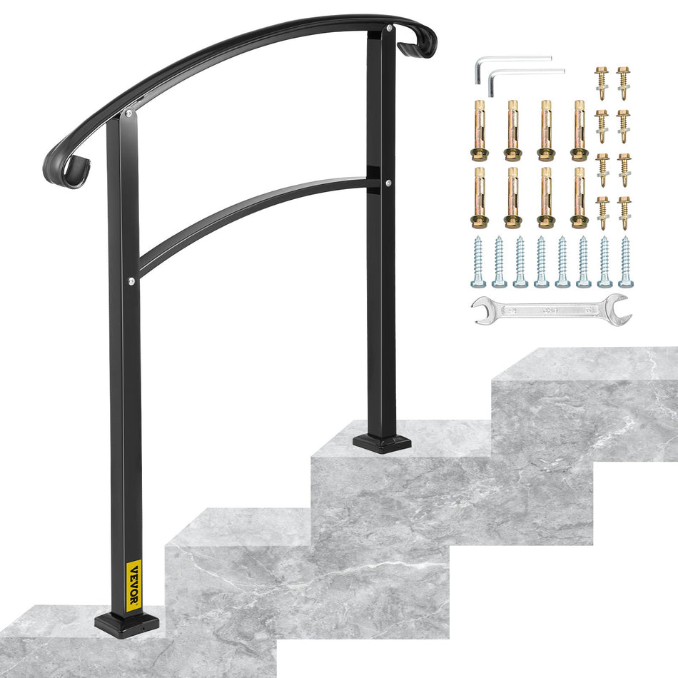 3 Step Transitional Handrail Fits 1 Or 3 Steps Matte Stair Rail Wrought Iron Handrail With Installation Kit Hand Rails For Outdoor Steps Unadjustable Black