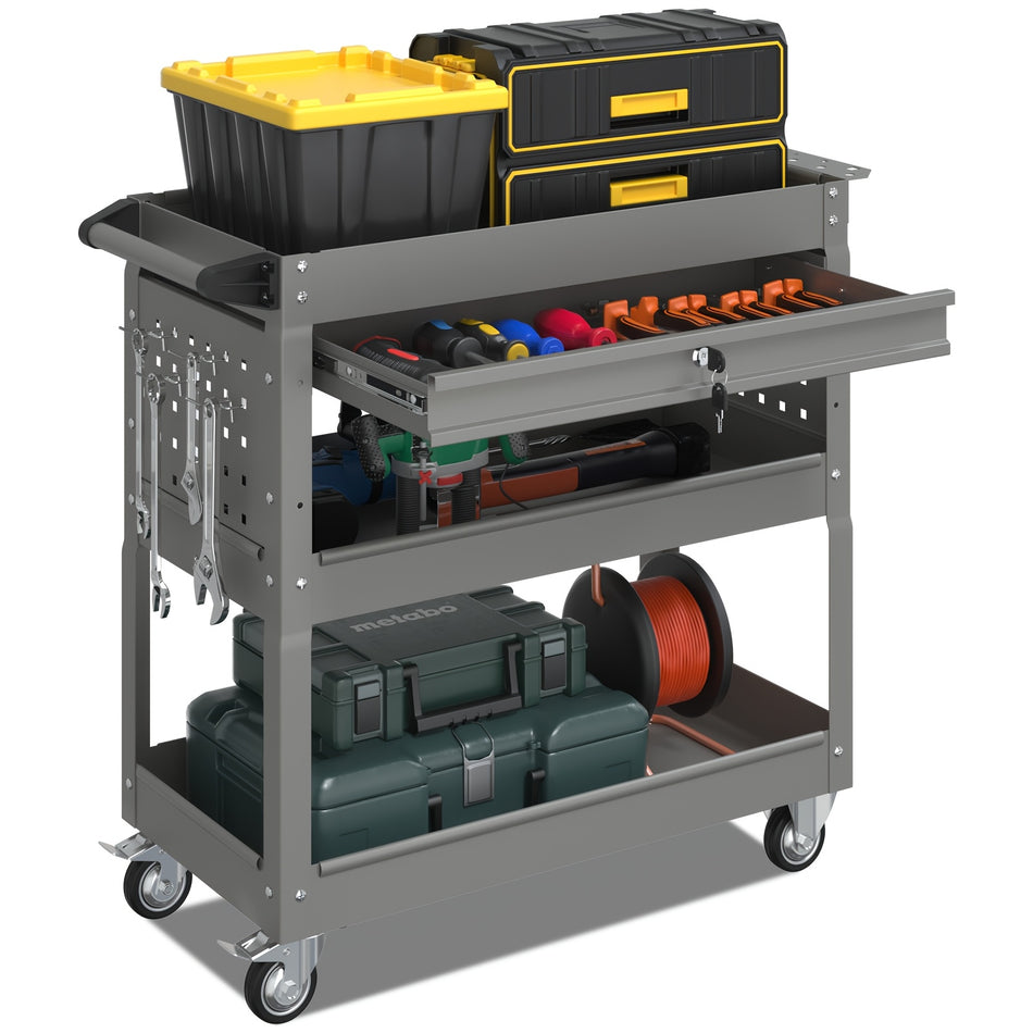 3 Tier Tool Cart On Wheels With Lockable Drawer 450 Lbs Capacity Heavy Duty Utility Cart Rolling Tool Cart Industrial Commercial Service Tool Cart For Mechanics Warehouse Repair Shop Gray Color