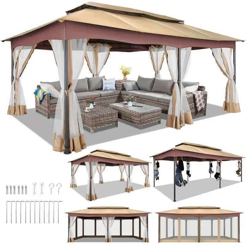 12X20Ft Outdoor Gazebo Patio Double Tier Roof Gazebo Tent   Metal Steel Frame   For Lawn Backyard Patio And Deck   Suitable For Parties Weddings Outdoor Events   Perfect Gift For Garden Lovers Khaki Color