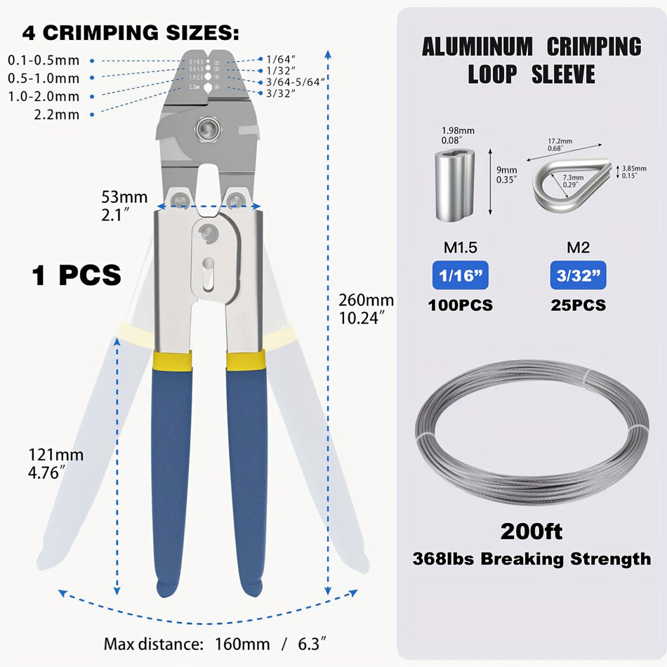 304 Stainless Steel Wire Rope Crimping Kit 200Ft 116 Cable With 7X7 Strand Core Includes 200 Aluminum Crimping Loops And 50 M2 Stainless Steel Thimbles Corrosion Resistant High Strength No Battery Required