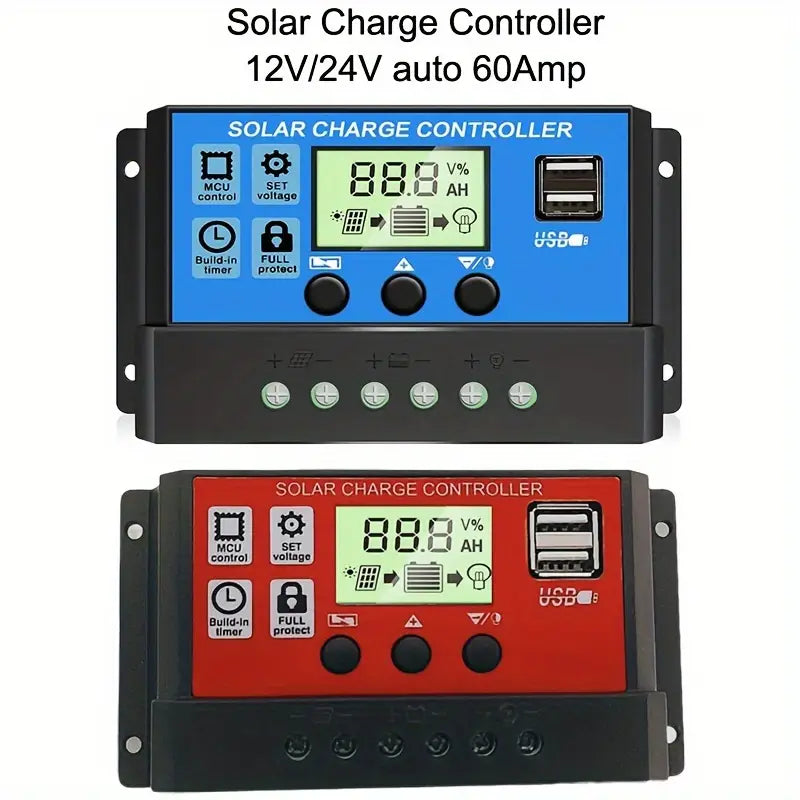 2Pcs 60A 100A 12V24V Solar Charge Controller Pwm Solar Panel Controller With Adjustable Lcd Display Compact Design Dual Usb Port Timer Setting Pwm Auto Parameter Compatible With Sealed Gel Flooded 60 Amp