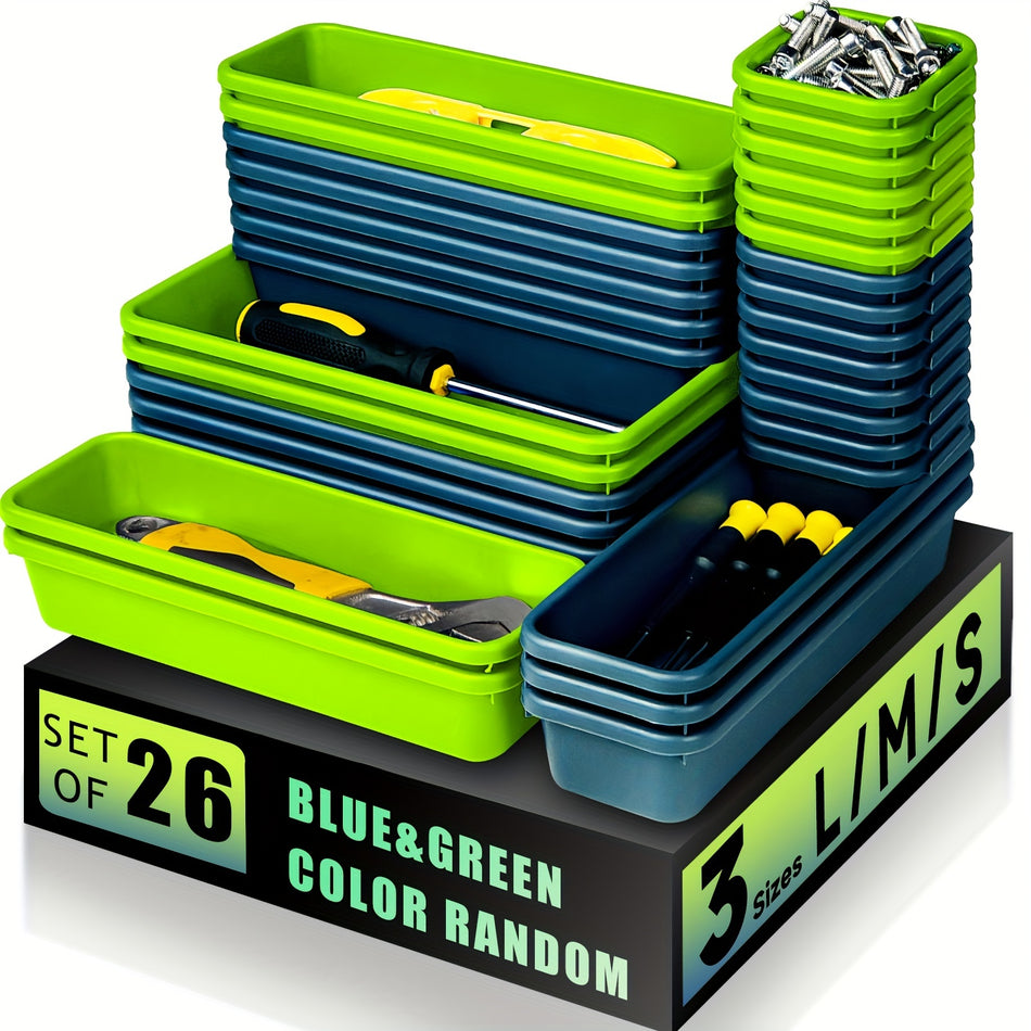 26Pcs Set Plastic Tool Drawer Organizer Trays With 36 Compartments Stackable Storage For Tools Parts Versatile Design Blue Green