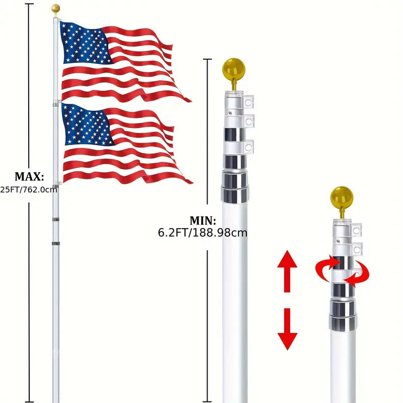 25Ft Telescopic Flag Pole Kit For Outdoor In Ground Extra Thick Black Telescoping Flagpole With 3X5Ft Us Flag Golden Ball Finial For Residential Or Commercial With Dual Flag Fly
