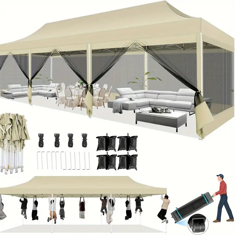 10X30 Pop Up Canopy Tent With Sidewalls Heavy Duty Easy Up Outdoor Gazebo Canopy With Mosquito Net Screen Tents For Parties Commercial Party Tent For Backyard With Roller Bag Sun Shelter For Beach And Outdoor Camping Khaki Color
