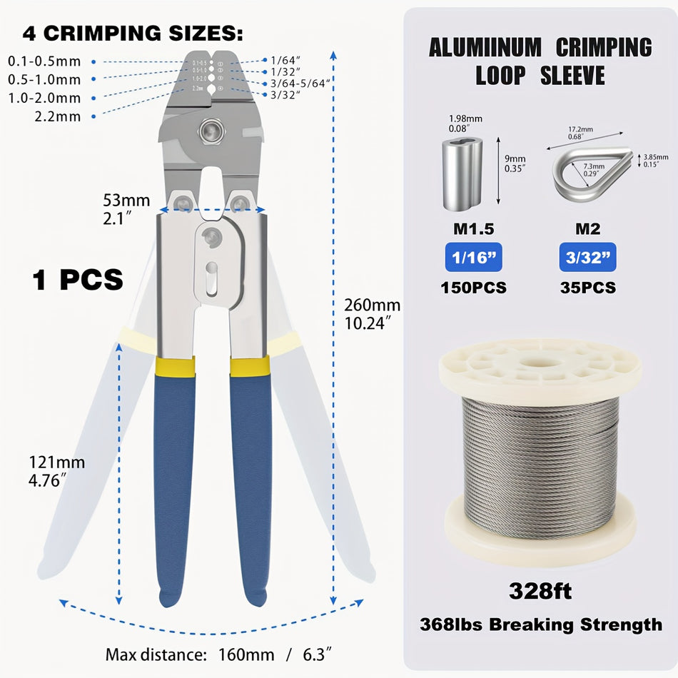 304 Stainless Steel Wire Rope Crimping Kit 328Ft 116 Cable With 7X7 Strand Core Includes 200 Aluminum Crimping Loops And 50 M2 Stainless Steel Thimbles Corrosion Resistant High Strength No Battery Required