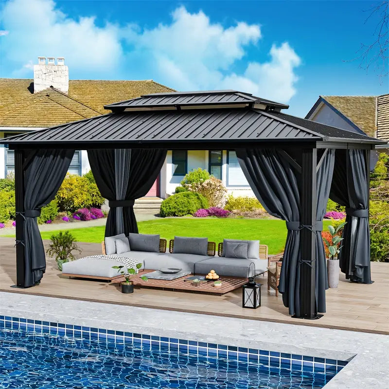 10X12Ft Heavy Duty Hardtop Gazebo With Double Roof Flame Retardant Curtains And Netting Aluminum Frame Outdoor Gazebo For Patios Lawns And Backyards Black Color