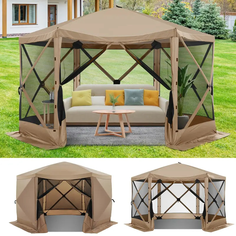 12X12Ft Pop Up Gazebo Screen House Tent With Sidewalls For Camping 6 Sides Pop Up Canopy Shelter Tent Easy Set Portable Gazebo With Carry Bag For Outdoor Parties Lawn And Backyard Sun Shelter For Beach And Outdoor Camping Khaki Color